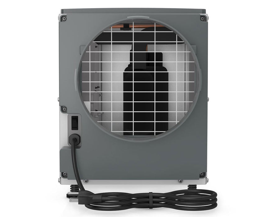 Back view of the Anden A100 dehumidifier, showcasing the power switch, air intake, and wiring components for efficient moisture removal.