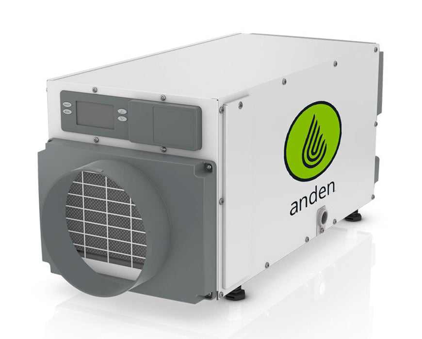 Front view of the Anden A70 Dehumidifier showing the large fan grid and control panel.