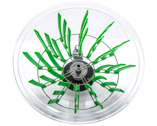 Top-down view of a clear dome bowl trimmer with green silicone fingers arranged around a central rotating hub.