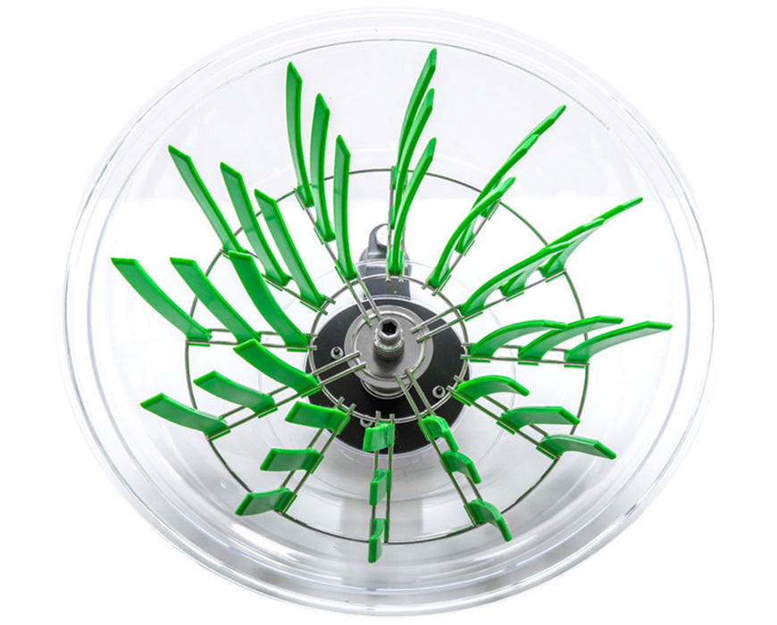 Top-down view of a clear dome bowl trimmer with green silicone fingers arranged around a central rotating hub.