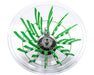 Top-down view of a clear dome bowl trimmer with green silicone fingers arranged around a central rotating hub.