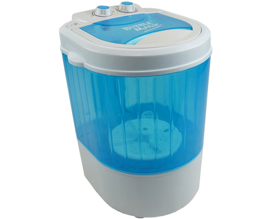 Angled view of the Bubble Magic 5 Gallon Washing Machine showing compact, portable design with translucent blue tank and white top controls.