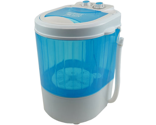 Side view of the Bubble Magic 5 Gallon Washing Machine featuring a translucent blue body, white base, and attached drainage hose.