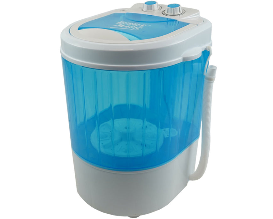 Side view of the Bubble Magic 5 Gallon Washing Machine featuring a translucent blue body, white base, and attached drainage hose.