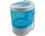 Side view of the Bubble Magic 5 Gallon Washing Machine featuring a translucent blue body, white base, and attached drainage hose.
