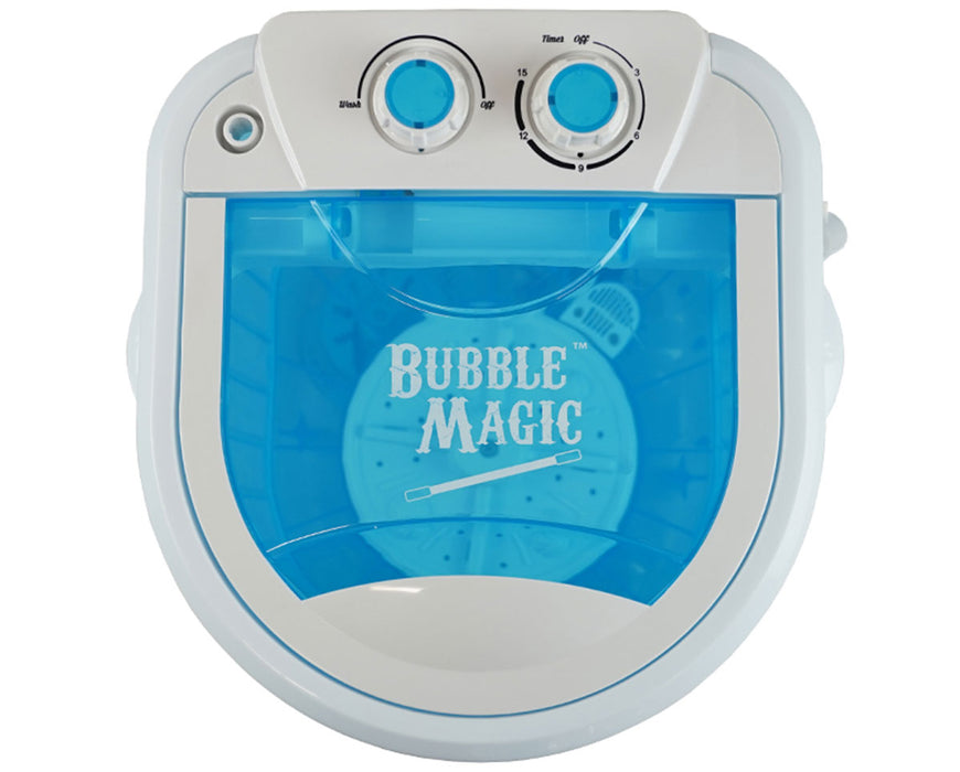 Top view of the Bubble Magic 5 Gallon Washing Machine showing blue internal agitator and dual dials for wash timer and settings.