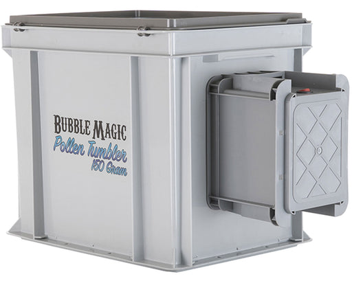 Side view of the Bubble Magic Pollen Tumbler 150 Gram with closed housing and visible motor unit, labeled with brand name and processing capacity.
