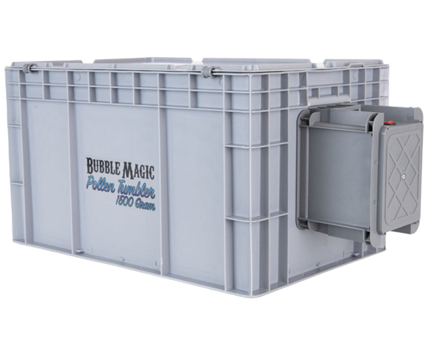 Side view of the Bubble Magic Pollen Tumbler 1500 Gram model featuring bold branding and motor unit attached to the durable gray container.