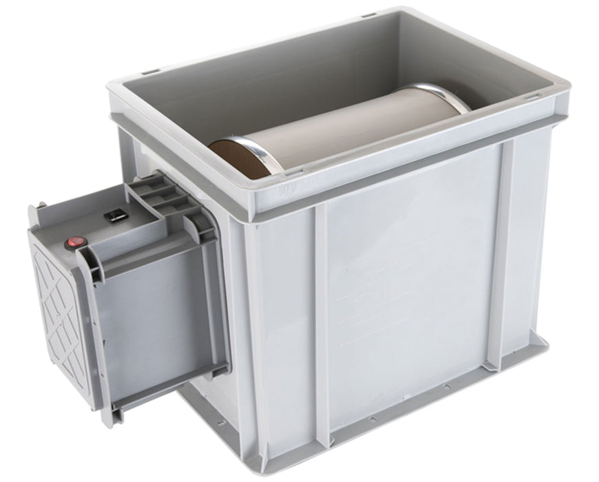 Angled view of the Bubble Magic 1500 Gram Pollen Tumbler with the mesh drum loaded inside the rectangular gray container and motor attached on the side.