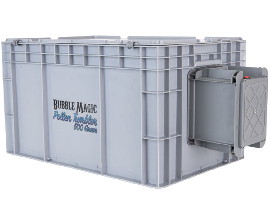 Side view of the Bubble Magic Pollen Tumbler 500 Gram model featuring bold product branding and a gray motor unit affixed to a heavy-duty housing.