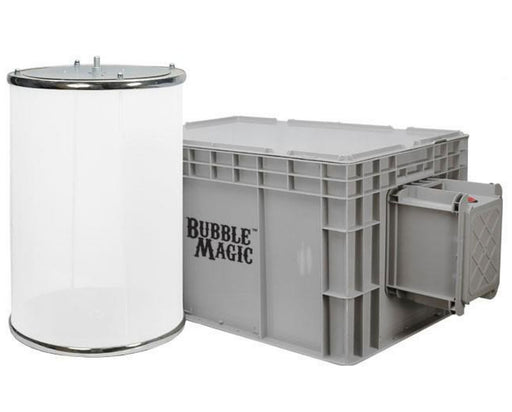 Bubble Magic Pollen Tumbler 500 Gram with the cylindrical mesh drum shown detached and placed beside the gray rectangular container for demonstration.