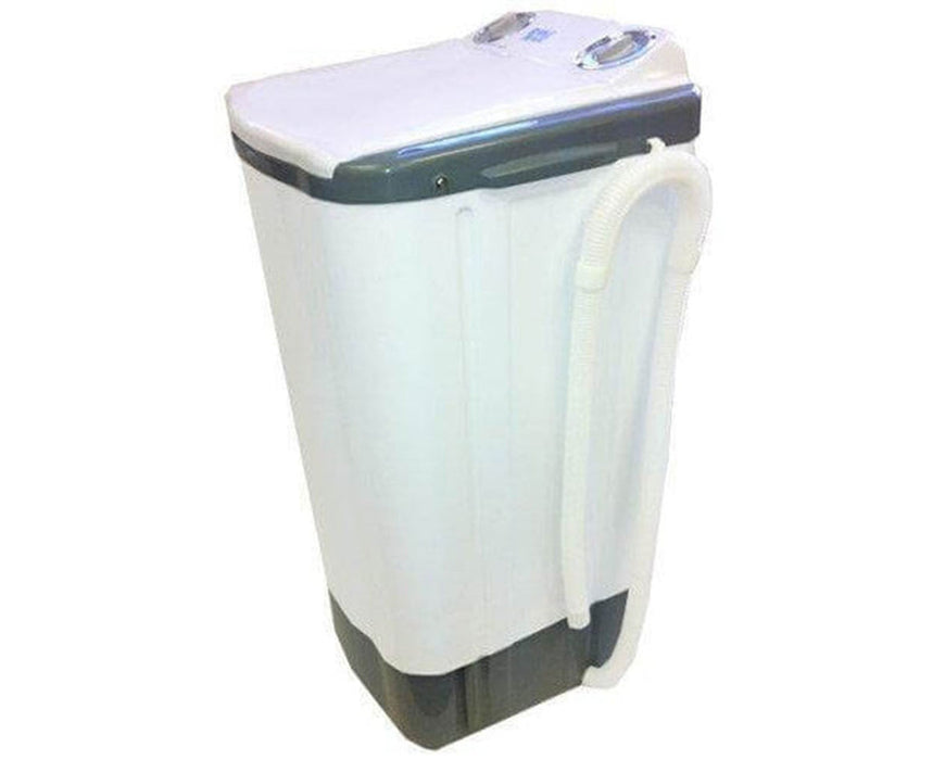 Side profile of the Bubble Magic machine showing drain hose attached for easy water removal.