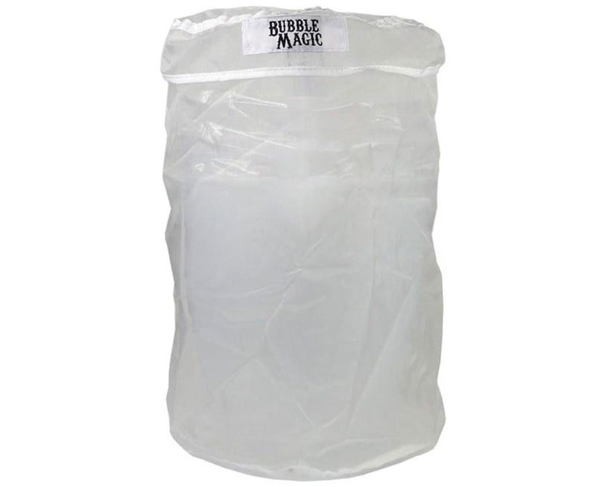 White 220-micron mesh washing bag with zipper, labeled “Bubble Magic,” used for extraction.