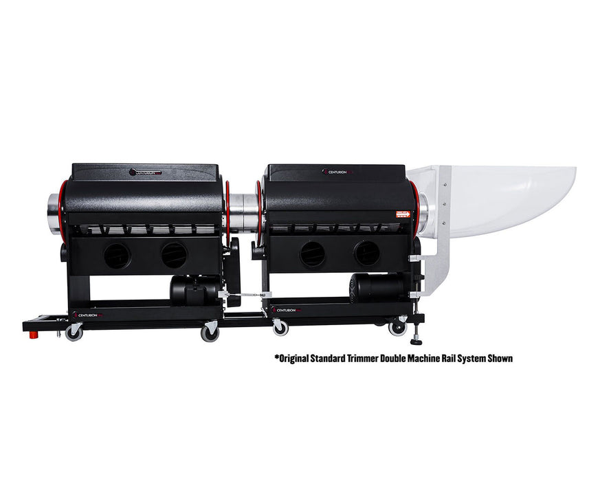 Angled view of three CenturionPro Original trimmers mounted on a triple rail system, demonstrating an extended trimming assembly.