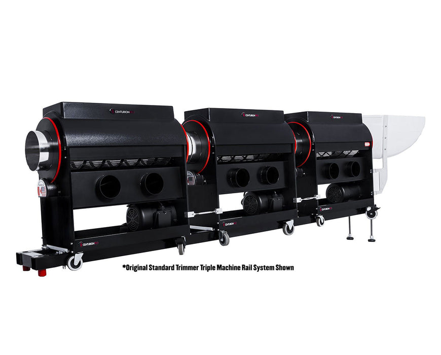 Three black CenturionPro Original trimmers arranged in a rail system for high-capacity operation, with a clear collection bag attached at the end.