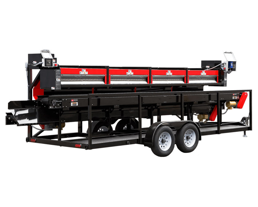 CenturionPro XL MegaBucker debudder machine on a trailer frame with red and black housing and multiple processing units.