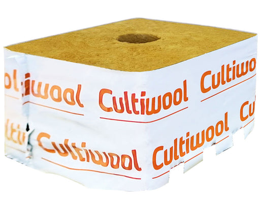 Cultiwool Block 6x6x4 front view showing low-density rockwool cube with pre-formed planting hole designed for fast rooting and healthy crop development in hydroponics.