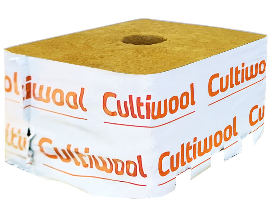 Cultiwool Block 6x6x4 front view showing low-density rockwool cube with pre-formed planting hole designed for fast rooting and healthy crop development in hydroponics.