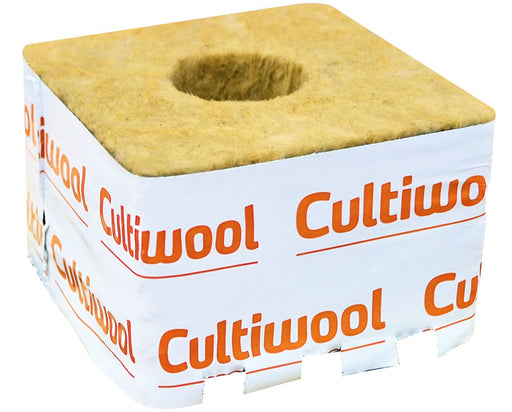 Cultiwool Block 4x4x2.5 front view showing low-density rockwool cube with pre-formed planting hole designed for fast rooting and healthy crop development in hydroponics.