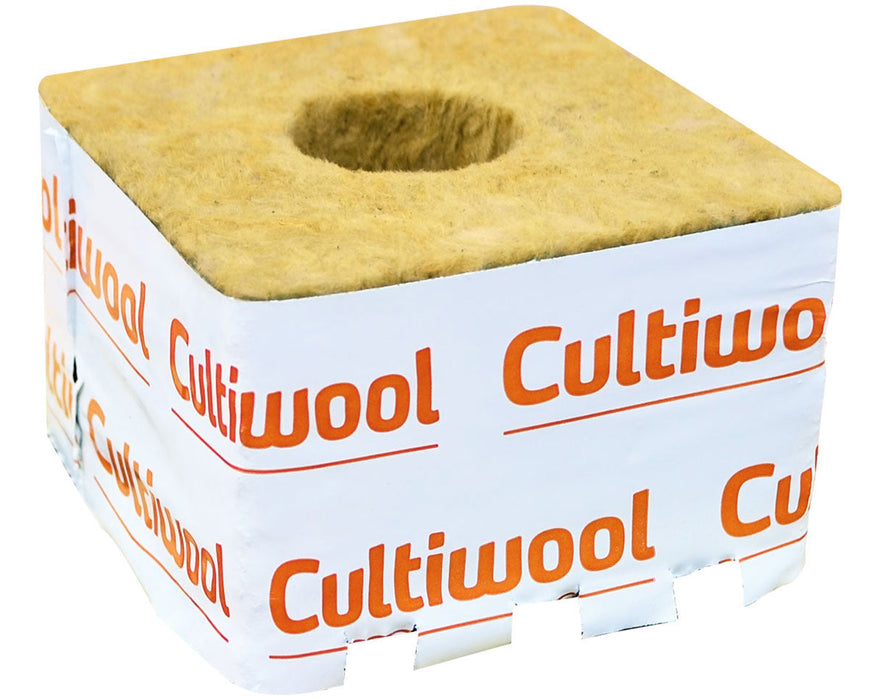Cultiwool Block 4x4x2.5 front view showing low-density rockwool cube with pre-formed planting hole designed for fast rooting and healthy crop development in hydroponics.