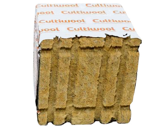 Cultiwool Block 4x4x2.5 front angle showing side grooves and uniform rockwool fiber structure that improves air to water ratio and supports strong root growth for hydroponic systems.