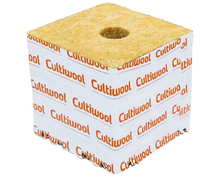 Cultiwool Block 4x4x4 front view showing low-density rockwool cube with pre-formed planting hole designed for fast rooting and healthy crop development in hydroponics.