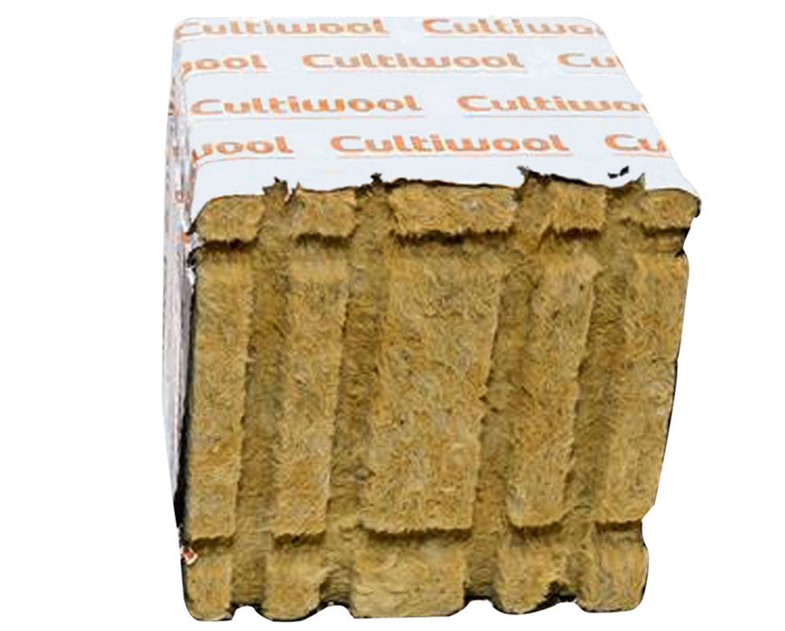 Cultiwool Block 4x4x4 front angle showing side grooves and uniform rockwool fiber structure that improves air to water ratio and supports strong root growth for hydroponic systems.