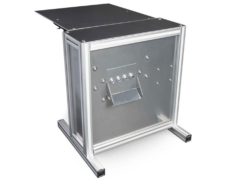 EZ Trim Bud Bucker Mini front angle showing durable aluminum frame, built-in prep table, and protruded entry holes for efficient bud stripping.