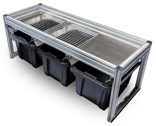 Angled top-down view of the EZ TRIM Bud Sorter Mini, a compact cannabis bud sorter with three metal grate sections and four black collection bins beneath.