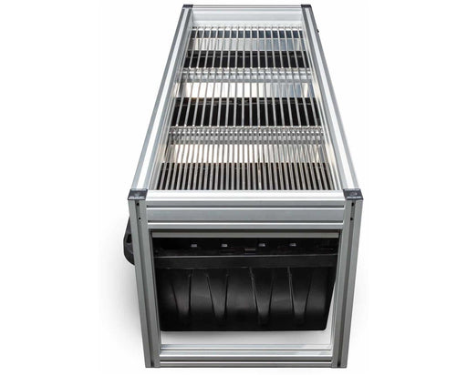 End view of the EZ TRIM Bud Sorter Mini showing the horizontal grading grates and sturdy aluminum frame with a 4-bin collection system for precise manual sorting.