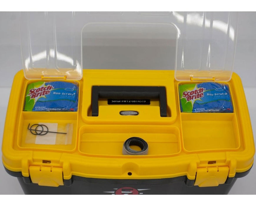 EZ Trim Wander Trimmer durable yellow-lid toolbox with organized storage compartments for accessories, Scotch-Brite pads, O-rings, and spare parts to support efficient trimming maintenance.