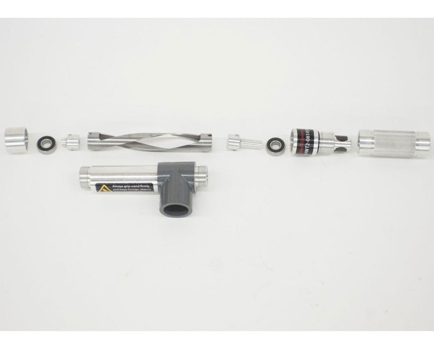EZ Trim Wander Trimmer disassembled parts layout showing precision trimming wand, bearings, blade assembly, and vacuum connector for wet trimming efficiency.