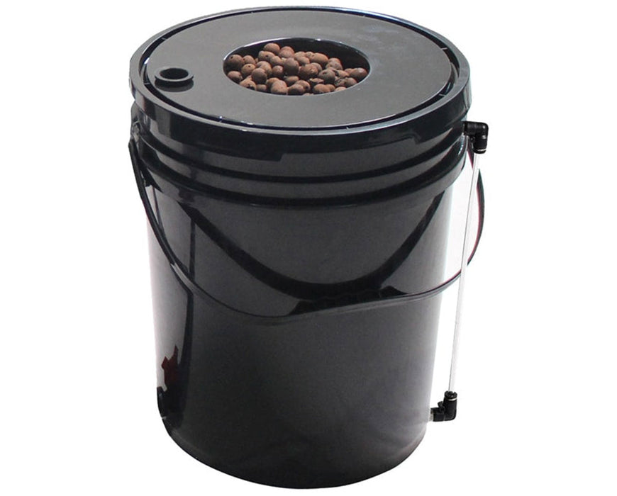 Black 5-gallon hydroponic bucket with a lid containing clay pebbles and a clear water level indicator tube attached to the side.