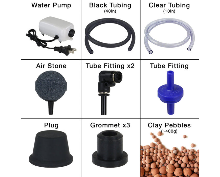 Grid layout showing components of the DWC hydroponic kit, including water pump, black and clear tubing, air stone, fittings, grommets, plug, and clay pebbles.