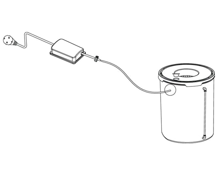 Black and white line diagram of the DWC system setup, showing power connection, tubing, and bucket layout for hydroponic operation.