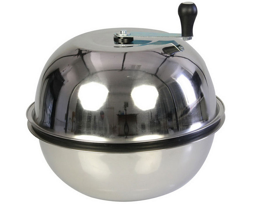 Stainless steel bowl trimmer with a closed metal dome top and manual hand crank, designed for efficient wet or dry trimming.