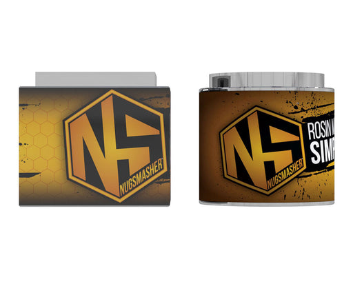 Cylindrical and rectangular views of the NS-branded aluminum puck mold with "Rosin Made Simple" graphics.