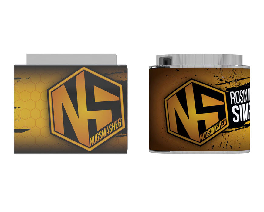 Cylindrical and rectangular views of the NS-branded aluminum puck mold with "Rosin Made Simple" graphics.