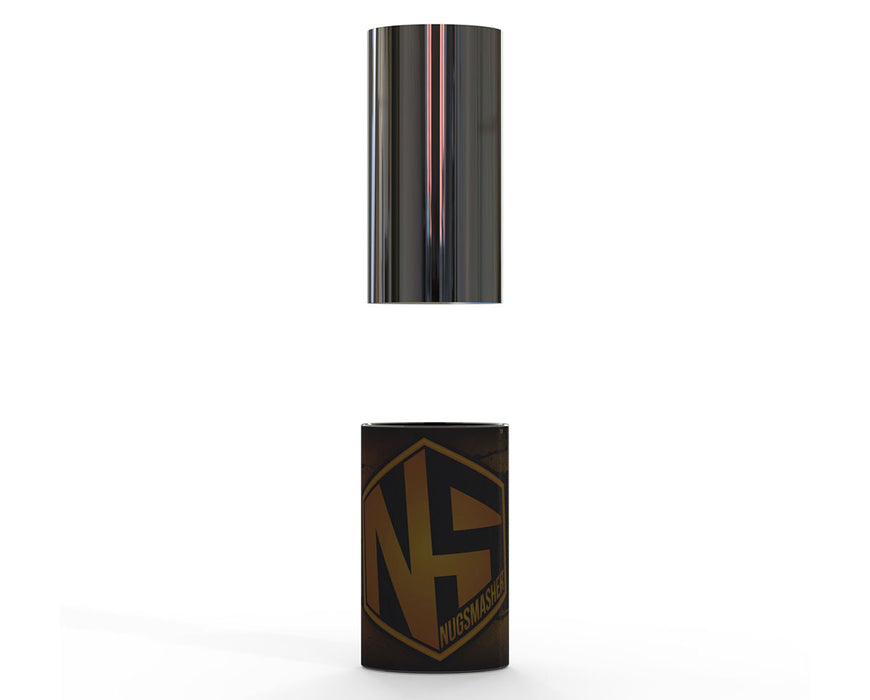 Nugsmasher 3.5g Pre Press Mold exploded view showing chrome top and logo body.