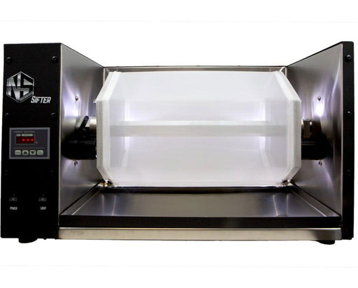 Front view of the NugSmasher Sifter showcasing the hex drum, internal lighting, and stainless steel sifting surface within the industrial-grade housing.