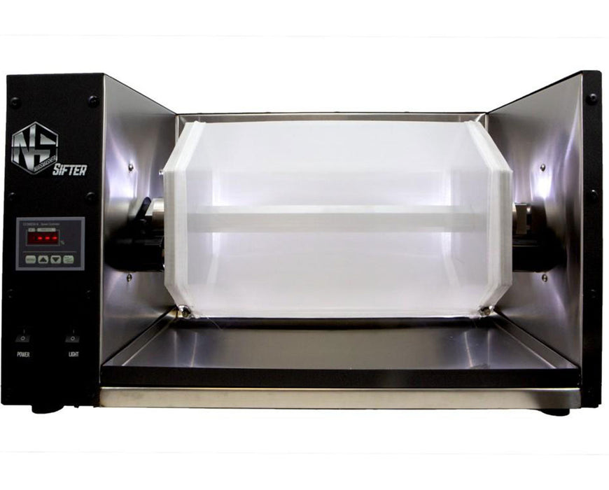 Front view of the NugSmasher Sifter showcasing the hex drum, internal lighting, and stainless steel sifting surface within the industrial-grade housing.