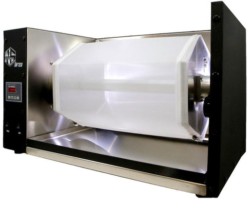 Alternative side angle of the NugSmasher Sifter with the hexagonal sifter drum prominently displayed inside a polished stainless steel chamber.