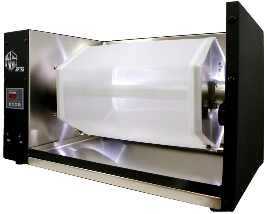 Alternative side angle of the NugSmasher Sifter with the hexagonal sifter drum prominently displayed inside a polished stainless steel chamber.