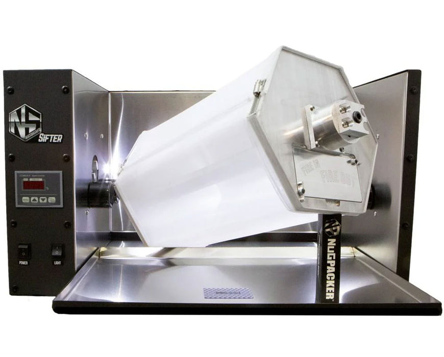 Angled front view of the NugSmasher Sifter showing the hex drum partially open, the NS logo, control panel, and elevated NugPacker stand.