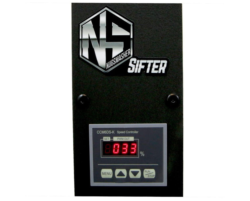Close-up of the NugSmasher Sifter’s built-in digital control panel with speed settings and the NS logo on a matte black metal housing.