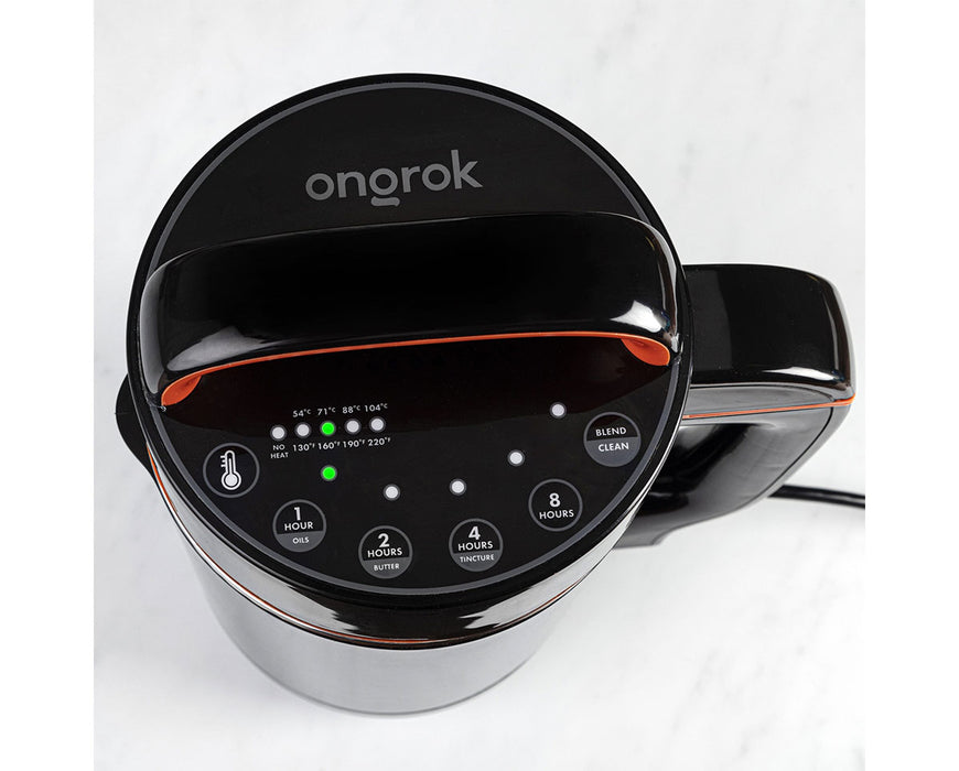 Ongrok Large Botanical Infuser Machine top control panel view showing LED indicators and cycle options for oils, butter, tinctures, and cleaning settings.