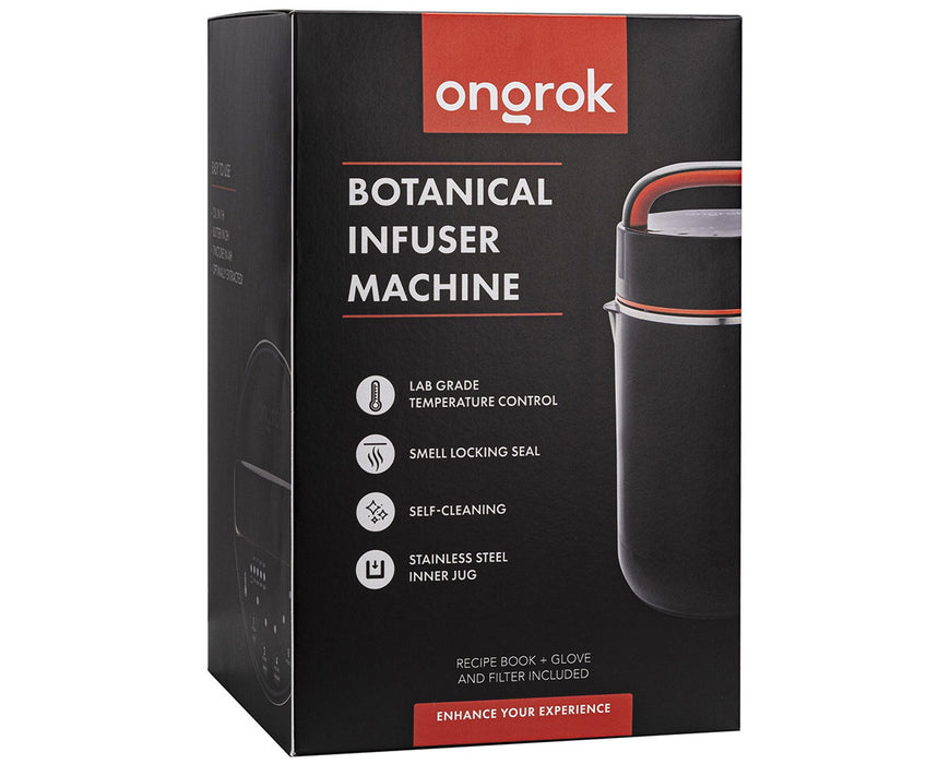Ongrok Large Botanical Infuser Machine retail packaging showing lab grade temperature control, smell locking seal, stainless steel jug, and included accessories.
