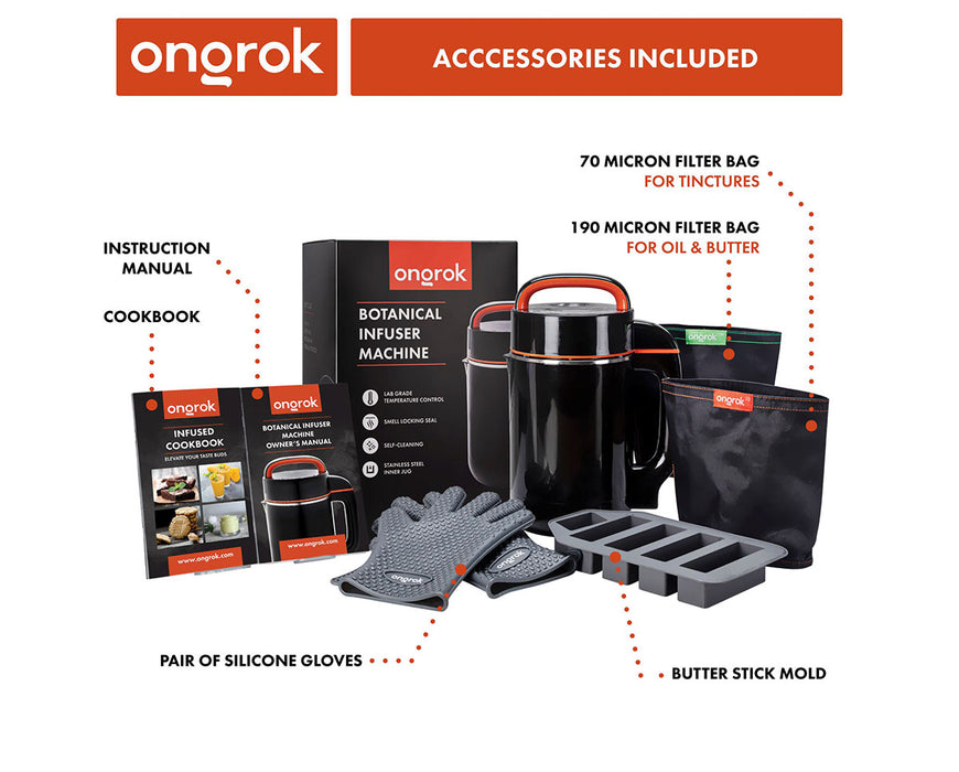 Ongrok Large Botanical Infuser Machine complete kit with machine, recipe book, gloves, butter tray, and filter bags, perfect for making herbal oils, tinctures, and butter.