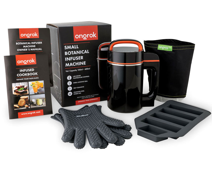 Ongrok Small Botanical Infuser Machine complete kit with accessories including recipe book, silicone gloves, butter mold, and nylon filter bag for making herbal oils, butter, and tinctures.