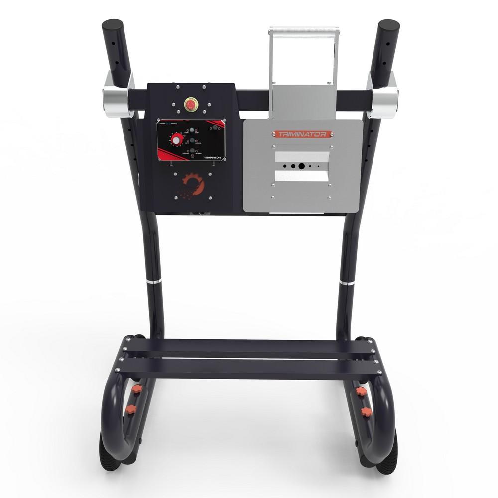 Industrial trimming machine support stand with integrated control box